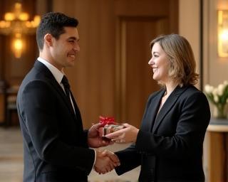 Concierge handing guest a welcome gift