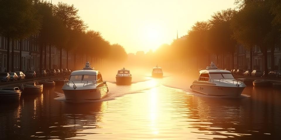 Amsterdam canal in golden evening light with luxury boats